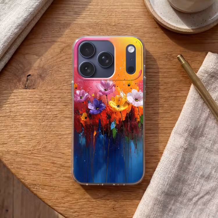 Fantasiebloemen - Verf - Speels Telefoonhoesje iPhone 17 Pro klein -sfeer1