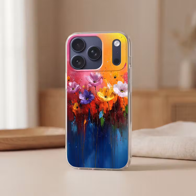 Fantasiebloemen - Verf - Speels Telefoonhoesje iPhone 17 Pro klein -sfeer2