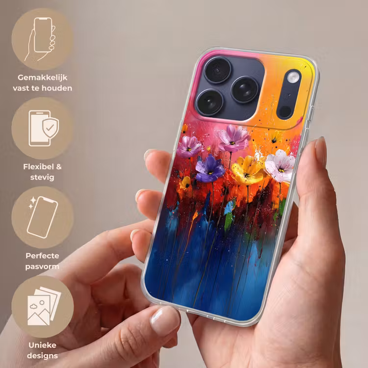 Fantasiebloemen - Verf - Speels Telefoonhoesje iPhone 17 Pro klein -sfeer3_NL