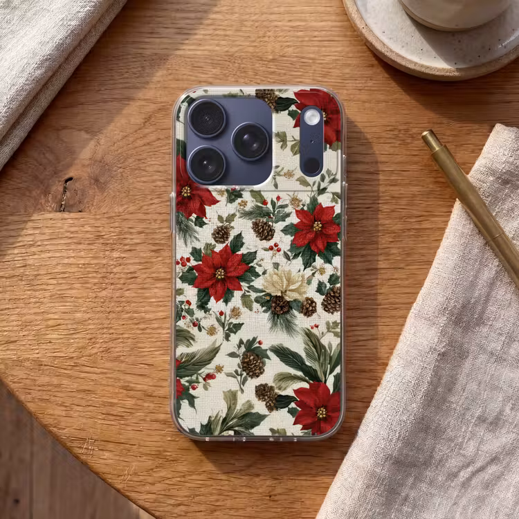 Feestelijk - Textielpatroon - Kerstbloemen - Kleurrijk Telefoonhoesje iPhone 17 Pro klein -sfeer1