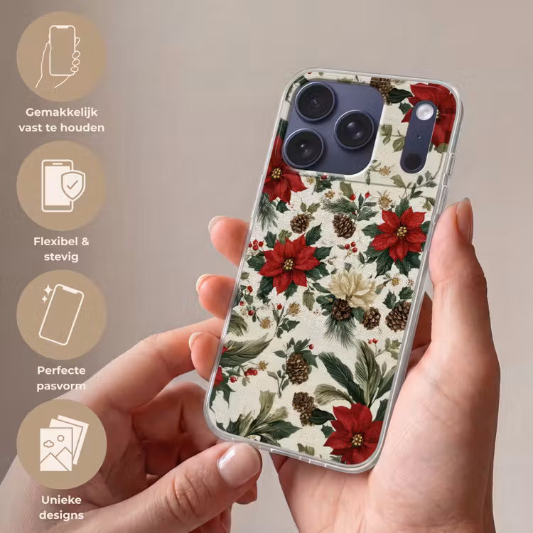 Feestelijk - Textielpatroon - Kerstbloemen - Kleurrijk Telefoonhoesje iPhone 17 Pro klein -sfeer3_NL