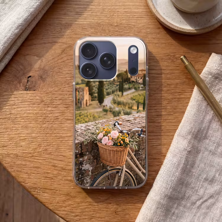 Fiets - Bloemen - Toscane - Landschap - Roze Telefoonhoesje iPhone 17 Pro klein -sfeer1