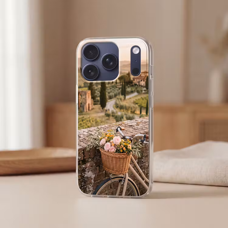 Fiets - Bloemen - Toscane - Landschap - Roze Telefoonhoesje iPhone 17 Pro klein -sfeer2