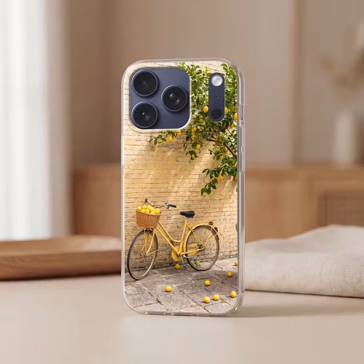 Fiets - Mand - Eten - Geel - Zomer Telefoonhoesje iPhone 17 Pro klein -sfeer2
