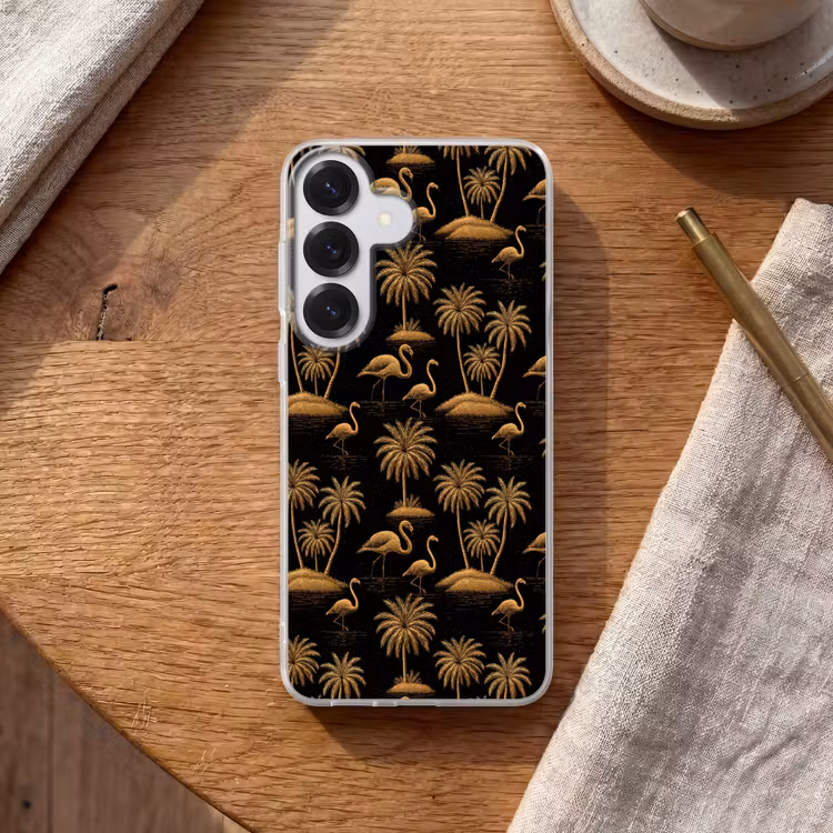 Flamingo - Palmbomen - Tropisch - Goud - Zwart Telefoonhoesje Samsung Galaxy S26 klein 975 -sfeer1