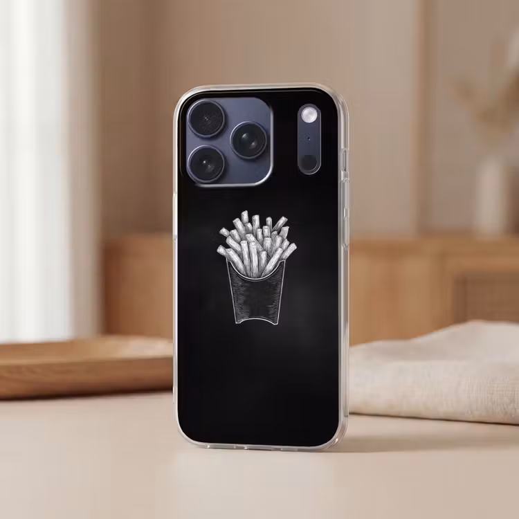 Friet - Witte krijttekening - Zwart Telefoonhoesje iPhone 17 Pro klein -sfeer2