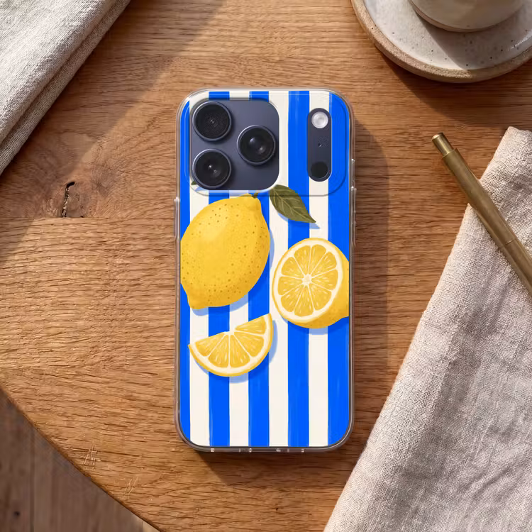 Fruit - Citroen - Zomer - Geel - Blauw Telefoonhoesje iPhone 17 Pro klein -sfeer1