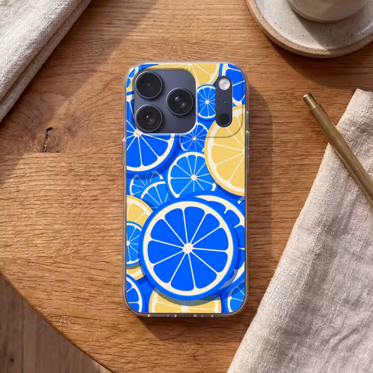 Fruit - Schijven - Patroon - Modern - Blauw - Geel Telefoonhoesje iPhone 17 Pro klein -sfeer1