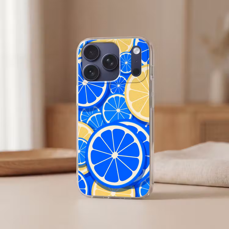 Fruit - Schijven - Patroon - Modern - Blauw - Geel Telefoonhoesje iPhone 17 Pro klein -sfeer2