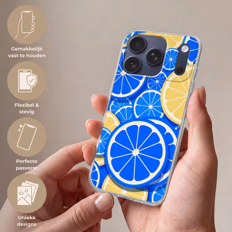 Fruit - Schijven - Patroon - Modern - Blauw - Geel Telefoonhoesje iPhone 17 Pro klein -sfeer3_NL