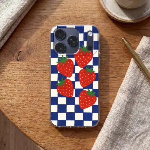 Geblokt - Blauw - Aardbeien Telefoonhoesje iPhone 17 Pro klein -sfeer1