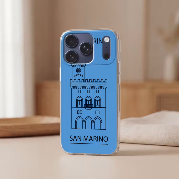Gebouw - San Marino - Architectuur - Lijntekening - Blauw Telefoonhoesje iPhone 17 Pro klein -sfeer2