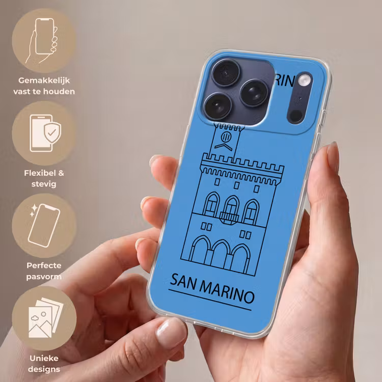 Gebouw - San Marino - Architectuur - Lijntekening - Blauw Telefoonhoesje iPhone 17 Pro klein -sfeer3_NL