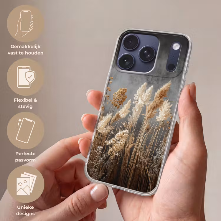 Gedroogde Veldbloemen - Grijs - Beton Telefoonhoesje iPhone 17 Pro klein -sfeer3_NL