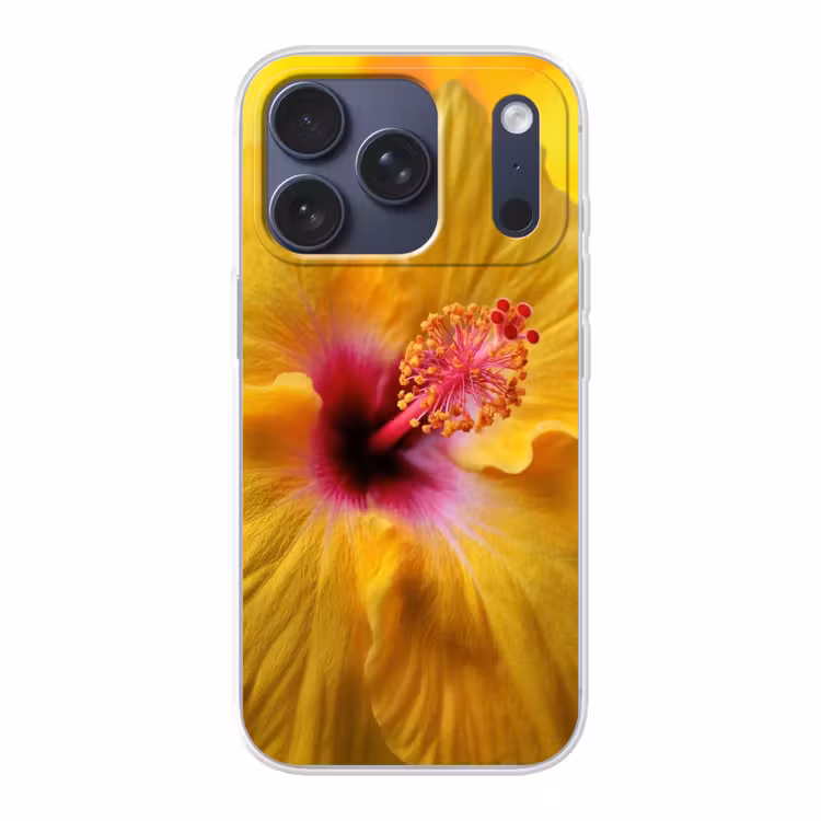 Geel - Hibiscus - Tropisch Telefoonhoesje iPhone 17 Pro klein -3d