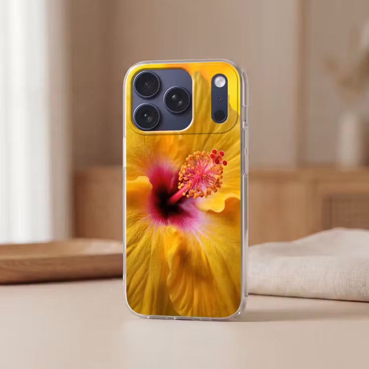 Geel - Hibiscus - Tropisch Telefoonhoesje iPhone 17 Pro klein -sfeer2