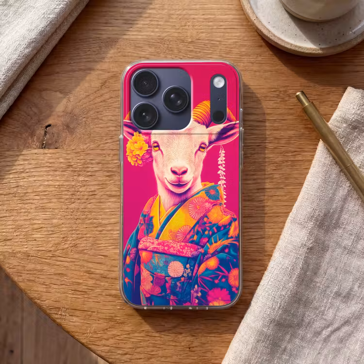 Geit - Hoorns - Kimono - Kleurrijk Telefoonhoesje iPhone 17 Pro klein -sfeer1