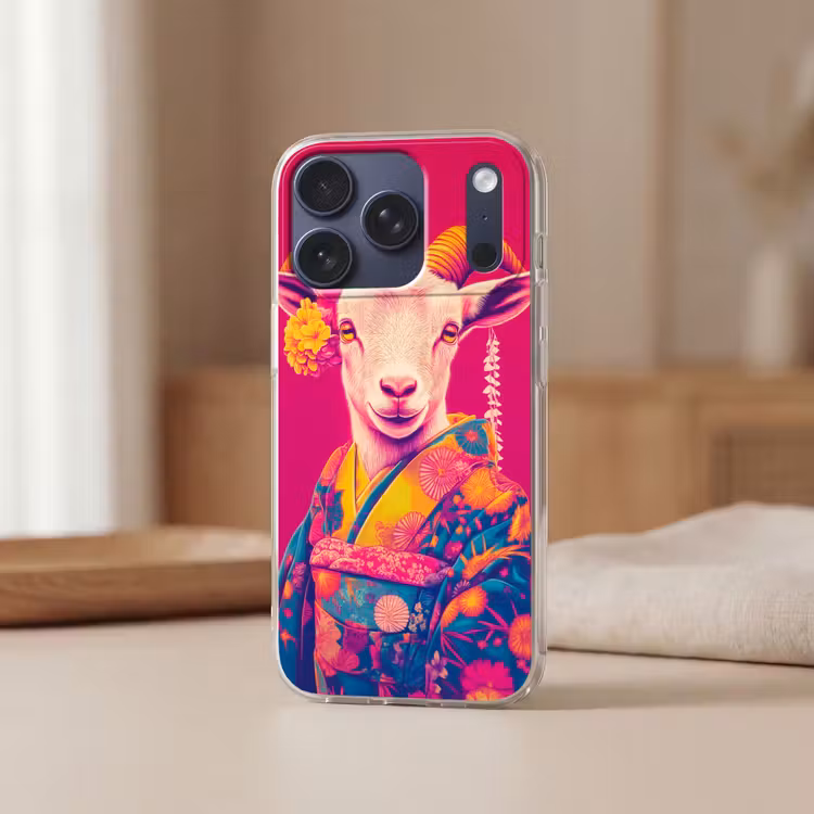 Geit - Hoorns - Kimono - Kleurrijk Telefoonhoesje iPhone 17 Pro klein -sfeer2