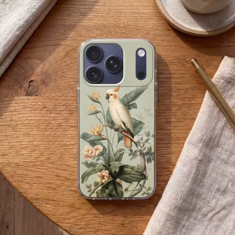 Gele kuifkaketoe - paradijsvogelbloemen - Groen Telefoonhoesje iPhone 17 Pro klein -sfeer1