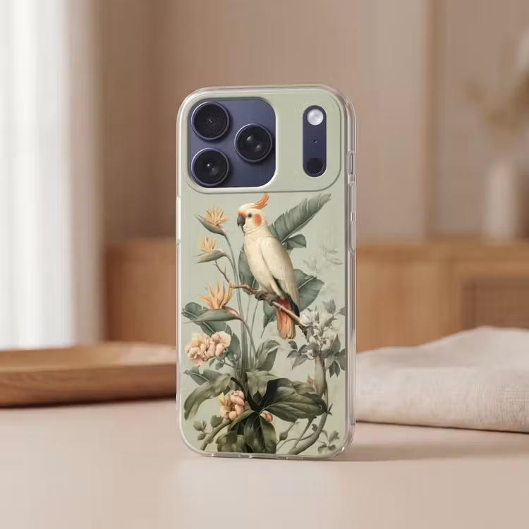 Gele kuifkaketoe - paradijsvogelbloemen - Groen Telefoonhoesje iPhone 17 Pro klein -sfeer2