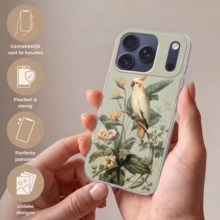 Gele kuifkaketoe - paradijsvogelbloemen - Groen Telefoonhoesje iPhone 17 Pro klein -sfeer3_NL