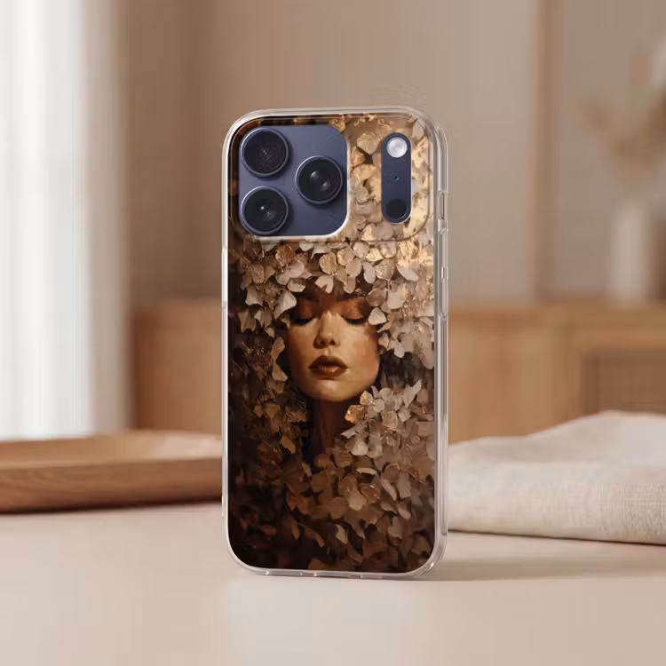 Gezicht - Vrouwe - Bladeren - Penseelstreken Telefoonhoesje iPhone 17 Pro klein -sfeer2