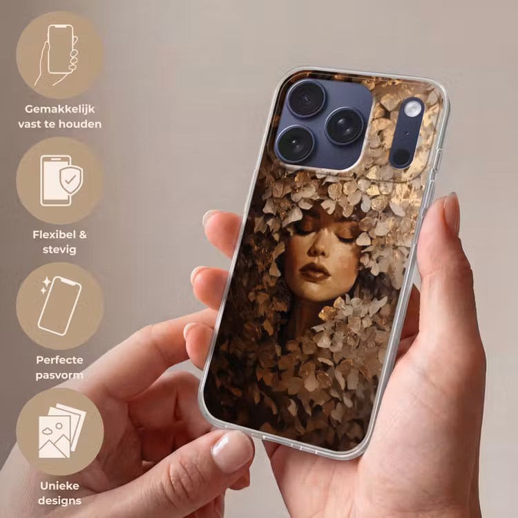 Gezicht - Vrouwe - Bladeren - Penseelstreken Telefoonhoesje iPhone 17 Pro klein -sfeer3_NL