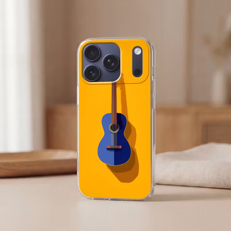 Gitaar - Akoestisch - Minimalistisch - Geel Telefoonhoesje iPhone 17 Pro klein -sfeer2