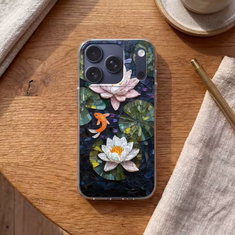 Glasstukjes - Leliebladeren - Vis - Oranje Telefoonhoesje iPhone 17 Pro klein -sfeer1