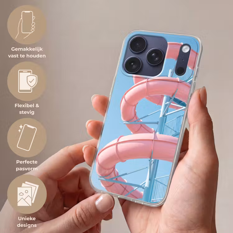 Glijbaan - Waterpark - Spiraal - Modern - Roze Telefoonhoesje iPhone 17 Pro klein -sfeer3_NL