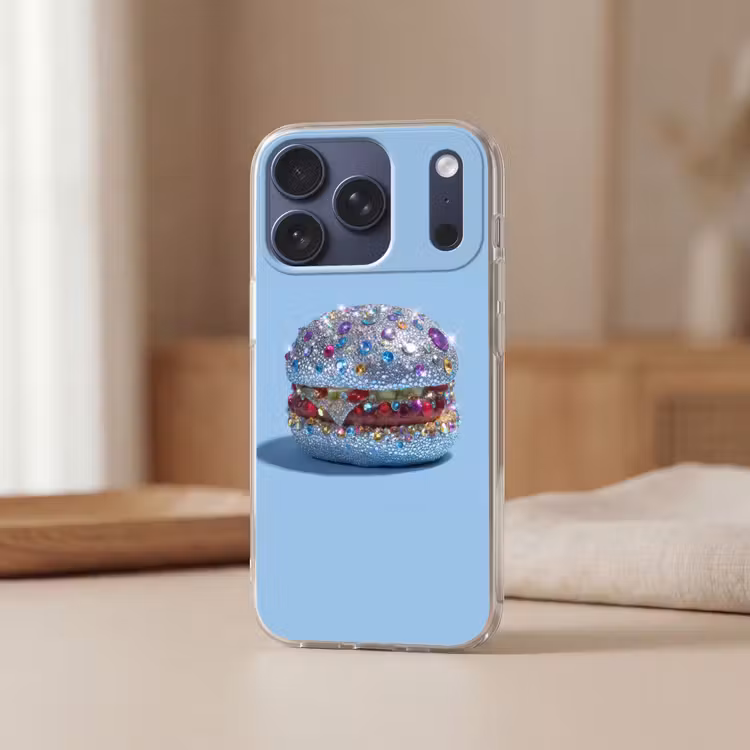 Glitters - Hamburger - Blauw Telefoonhoesje iPhone 17 Pro klein -sfeer2