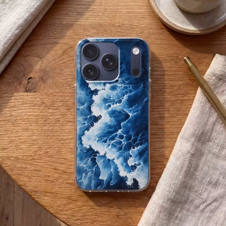 Golven - Blauw - Schuim Telefoonhoesje iPhone 17 Pro klein -sfeer1