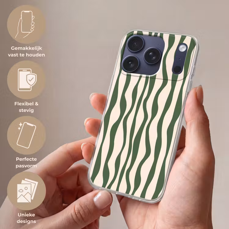 Golvende lijnen - Beige - Groen - Strepen - Abstract Telefoonhoesje iPhone 17 Pro klein -sfeer3_NL