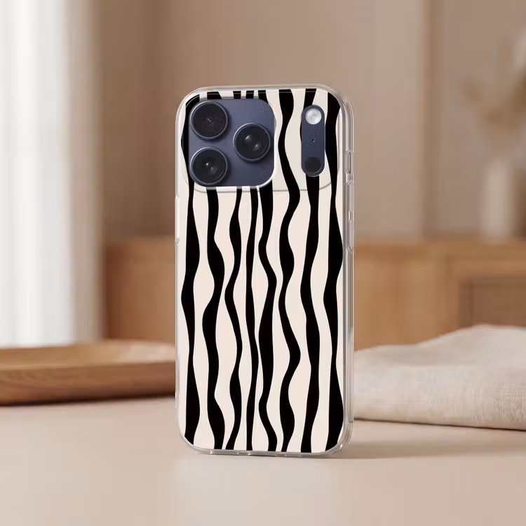 Golvende lijnen - Beige - Zwart - Abstract Telefoonhoesje iPhone 17 Pro klein -sfeer2