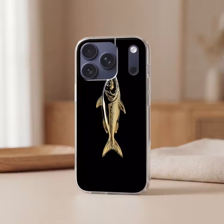 Goud - Vis - Haak - Zwart Telefoonhoesje iPhone 17 Pro klein -sfeer2