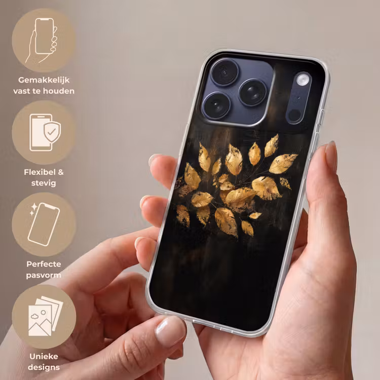 Gouden Bladeren op Donkere Achtergrond Telefoonhoesje iPhone 17 Pro klein -sfeer3_NL