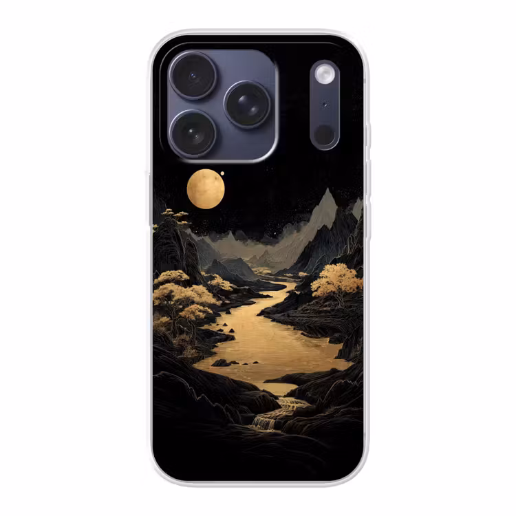 Gouden rivier - Bergen - Maan - Sterrenhemel Telefoonhoesje iPhone 17 Pro klein -3d