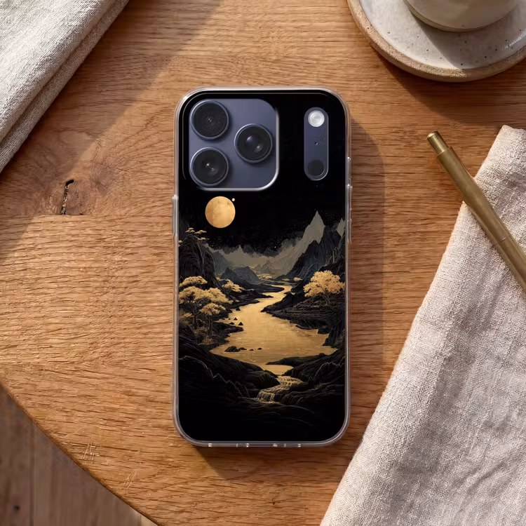 Gouden rivier - Bergen - Maan - Sterrenhemel Telefoonhoesje iPhone 17 Pro klein -sfeer1