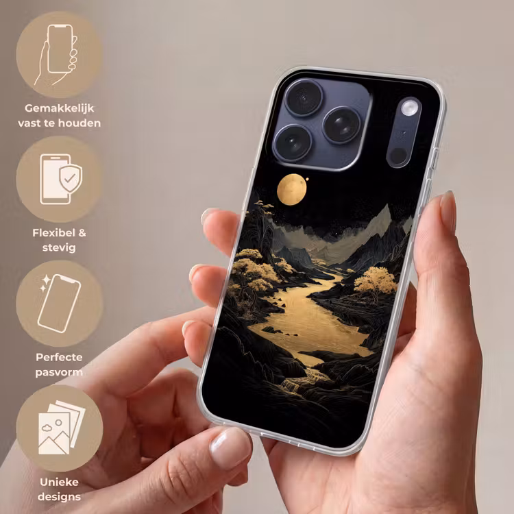 Gouden rivier - Bergen - Maan - Sterrenhemel Telefoonhoesje iPhone 17 Pro klein -sfeer3_NL