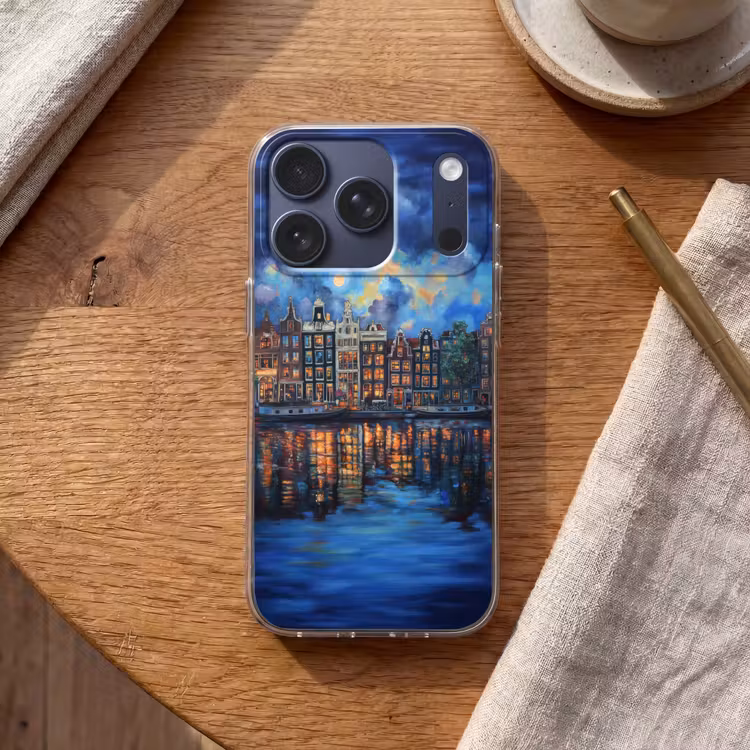 Grachten Amsterdam - Huizen - Stad - Kleurrijk Telefoonhoesje iPhone 17 Pro klein -sfeer1