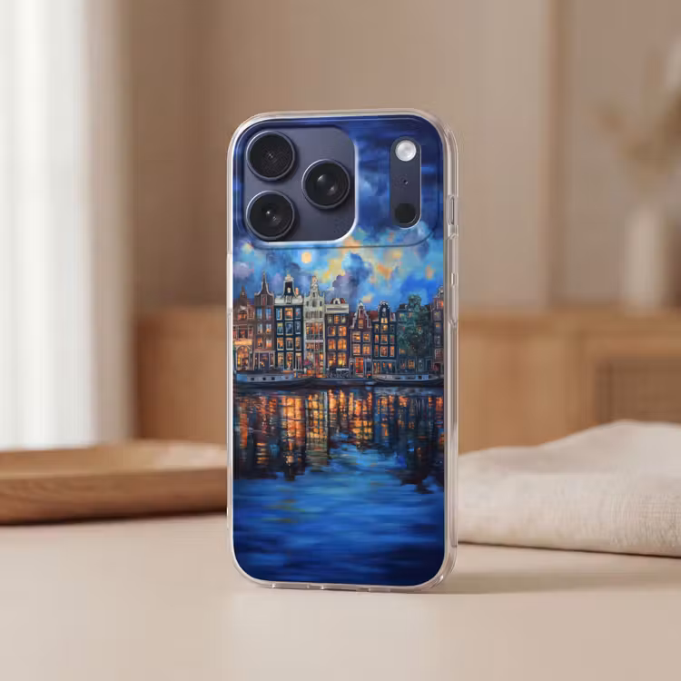 Grachten Amsterdam - Huizen - Stad - Kleurrijk Telefoonhoesje iPhone 17 Pro klein -sfeer2