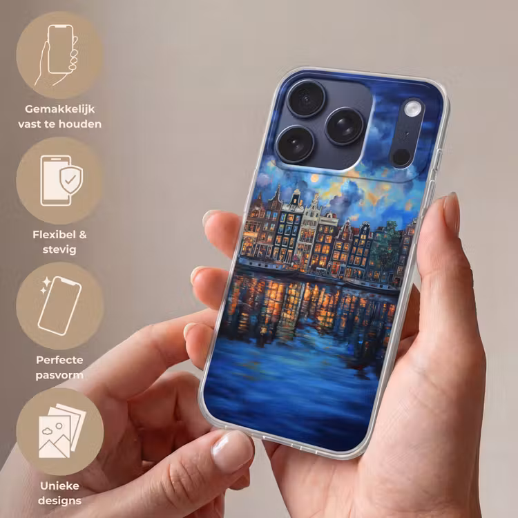 Grachten Amsterdam - Huizen - Stad - Kleurrijk Telefoonhoesje iPhone 17 Pro klein -sfeer3_NL