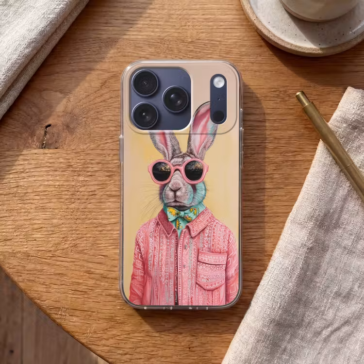 Grijs - Konijn - Blouse - Strik Telefoonhoesje iPhone 17 Pro klein -sfeer1