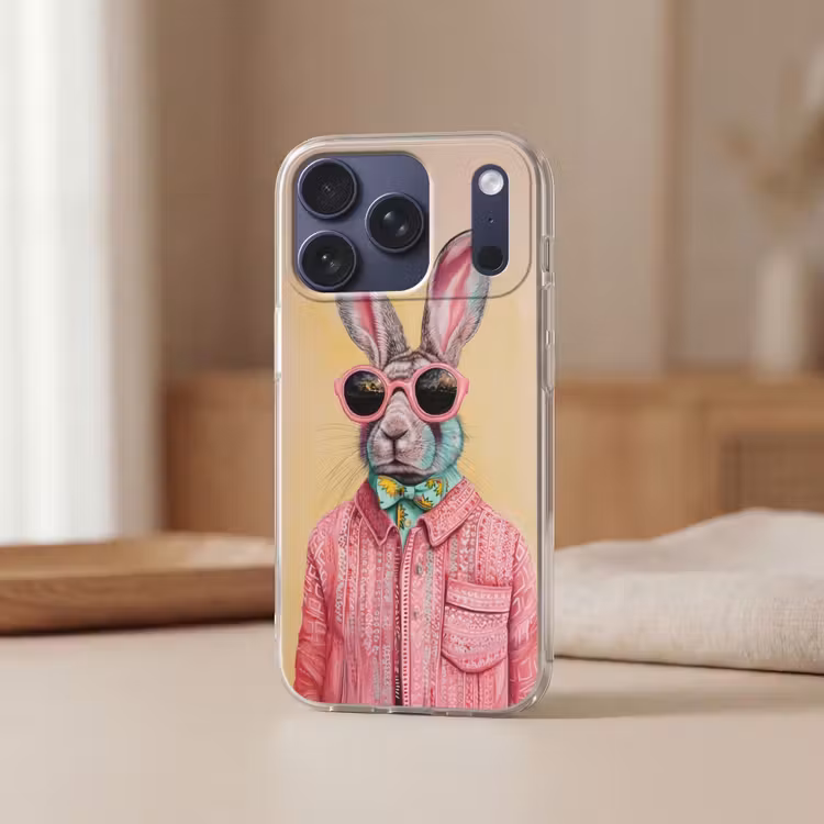 Grijs - Konijn - Blouse - Strik Telefoonhoesje iPhone 17 Pro klein -sfeer2