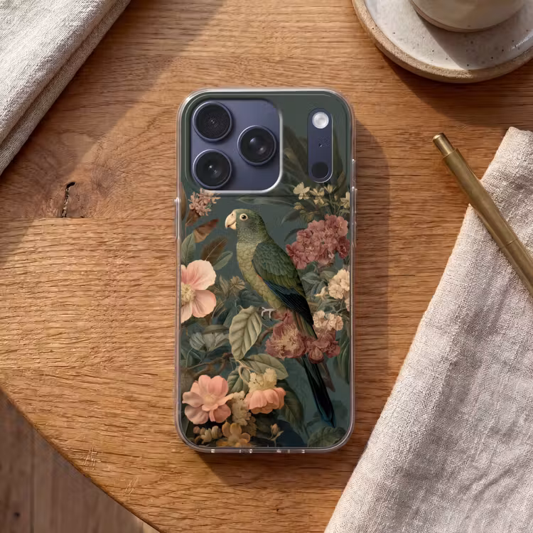 Groene papegaai - Kleurrijke bloemen - Donkere achtergrond Telefoonhoesje iPhone 17 Pro klein -sfeer1