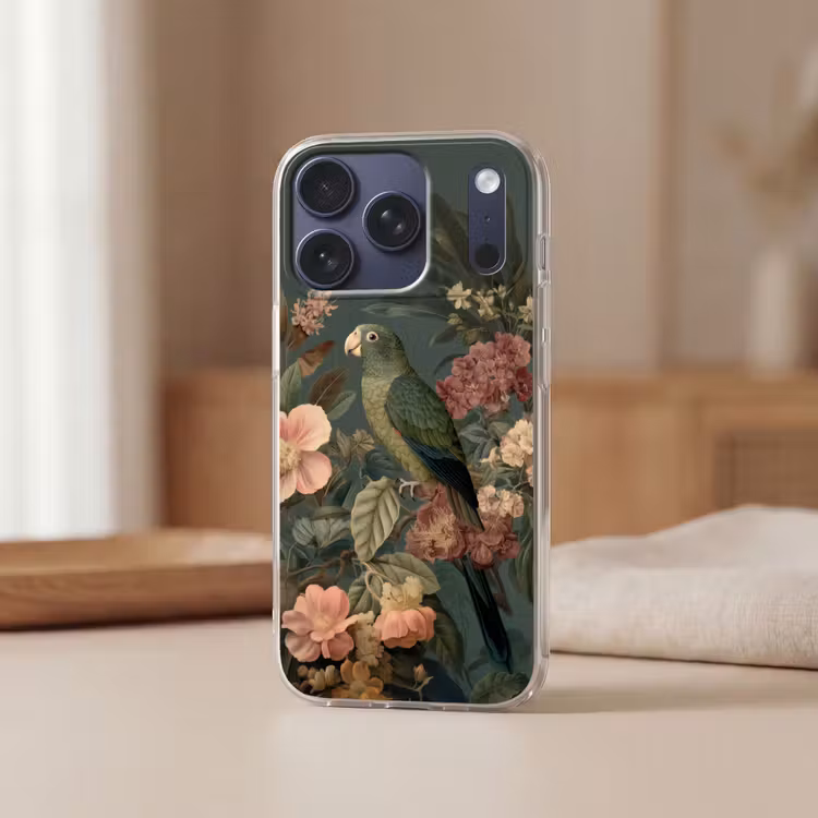 Groene papegaai - Kleurrijke bloemen - Donkere achtergrond Telefoonhoesje iPhone 17 Pro klein -sfeer2