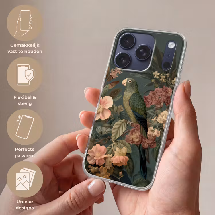 Groene papegaai - Kleurrijke bloemen - Donkere achtergrond Telefoonhoesje iPhone 17 Pro klein -sfeer3_NL