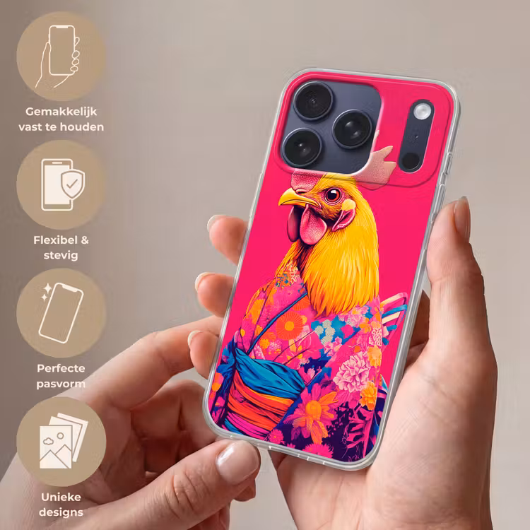 Haan - Kleurrijk - Kimono - Roze Telefoonhoesje iPhone 17 Pro klein -sfeer3_NL