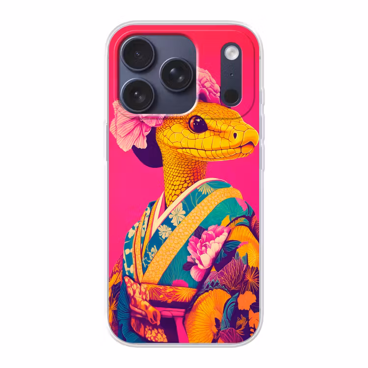Hagedis - Bloemen - Roze - Kimono Telefoonhoesje iPhone 17 Pro klein -3d