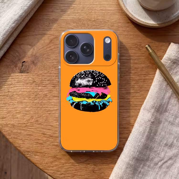 Hamburger - Oranje - Neon - popart Telefoonhoesje iPhone 17 Pro klein -sfeer1